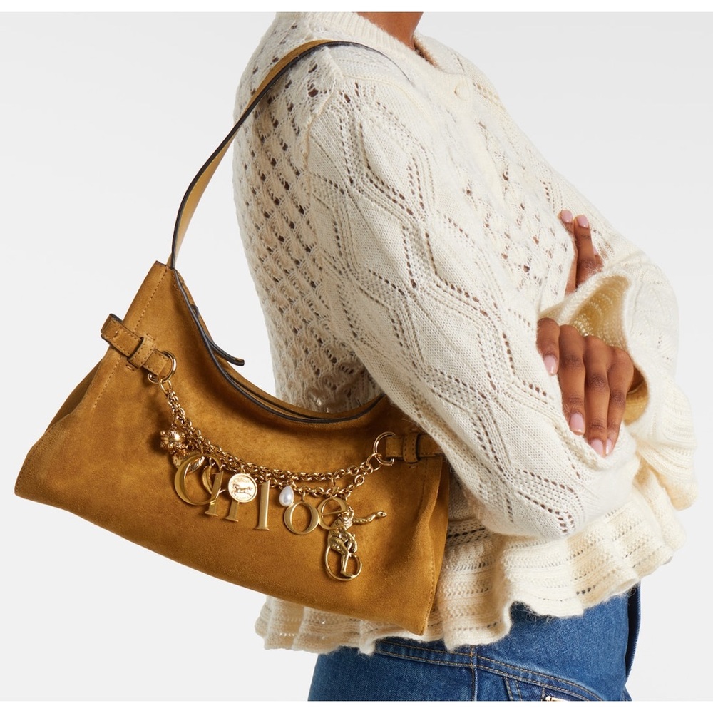 CHLOÉ Charms Camel Brown Suede Leather Gold Khaki Hobo Shoulder Bag Handbag - Picture 2 of 13